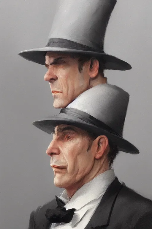 Image similar to a grey hair halfling top hat and suit no beard by Greg Rutkowski, painting, portrait, HD, high details, trending on artstation