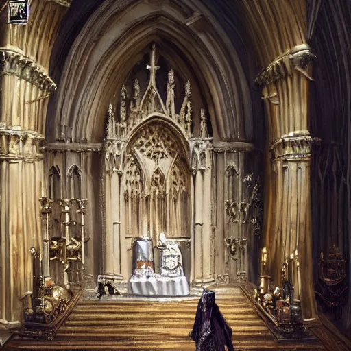 Prompt: Human skeleton, majesty in noble clothes, king resting on a throne inside a cathedral, oil painting, by Fernanda Suarez and Greg Rutkowski