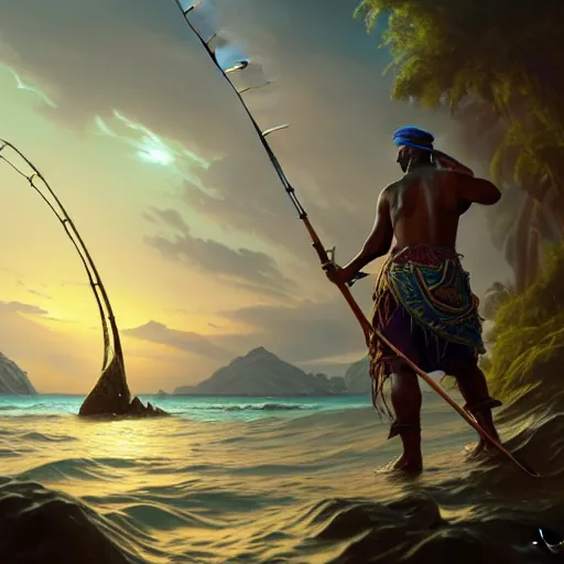 Prompt: fisherman, male, Jamaican, wide angle, parting the sea, magical fishing rod weapon, D&D, fantasy, intricate, elegant, highly detailed, digital painting, artstation, octane render, concept art, matte, sharp focus, illustration, hearthstone, art by Artgerm and Greg Rutkowski and Alphonse Mucha