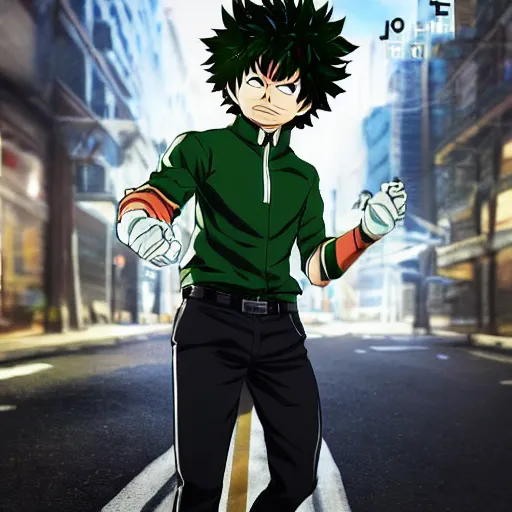 Image similar to full body elegant portrait of izuku midoriya, gta art, gta cover art, anime, unreal engine 5 art