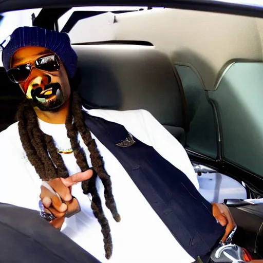 Image similar to Snoop Dogg is sitting in a police car wearing a cap C-11