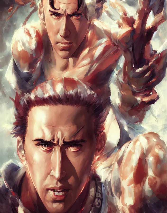 Image similar to anime portrait of nicolas cage as a muscular anime boy by Stanley Artgerm Lau, WLOP, Rossdraws, James Jean, Andrei Riabovitchev, Marc Simonetti, and Sakimichan, trending on artstation
