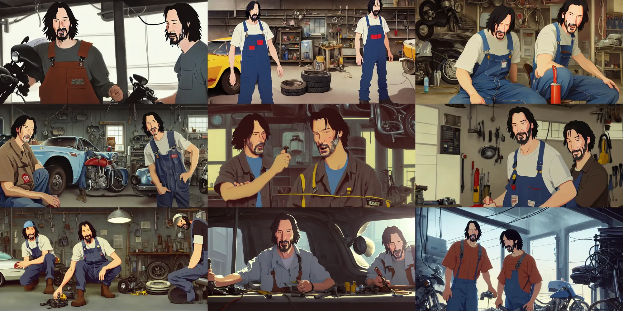 Prompt: a wholesome animation key shot of keanu reeves as an auto mechanic, dressed in an oily pair of torn overalls, white t - shirt and brown boots repairing the tires of a motorcycle in the workshop garage, medium shot, waist up, studio ghibli, pixar and disney animation, sharp, rendered in unreal engine 5, anime key art by greg rutkowski, bloom, dramatic lighting