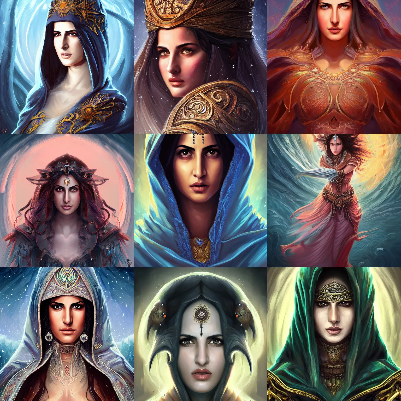 Prompt: head-on centered symmetrical painted portrait, Katrina Kaif as a D&D Storm Sorcerer, hood, intricate fantasy robes, fantasy, intricate, elegant, highly detailed, digital painting, smooth, sharp focus, illustration, dramatic lighting, artstation, in the style of Artgerm and Anna Podedworna and Alex Ross