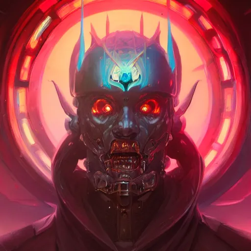 Image similar to a portrait of a demonic cybernetic duke of hell, cyberpunk concept art by pete mohrbacher and wlop and artgerm and josan gonzales, digital art, highly detailed, intricate, sci-fi, sharp focus, Trending on Artstation HQ, deviantart, unreal engine 5, 4K UHD image