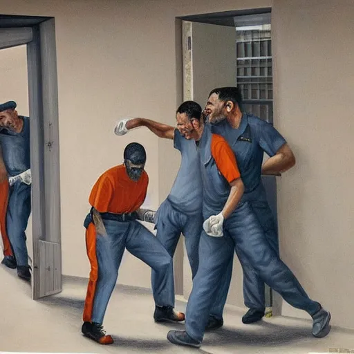 Image similar to hyperrealism painting of prisoners scheming to escape prison while guards are distracted by a fight