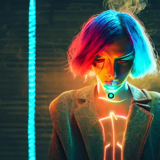 Prompt: human flesh computer device wires skin with cyberpunk city dark background neon rainbow hair vivid colors stardust smoke photo 8k