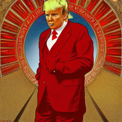 Image similar to Portrait of Trump wearing a red suit, illustrated by Alphonse Mucha, yellow stars, award-winning digital art, 4k resolution,