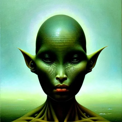 Image similar to ultra realist soft painting of a single attractive alien female, black scales, symmetry accurate features, very intricate details, focus, curvy, artstyle Zdzisław Beksiński, award winning