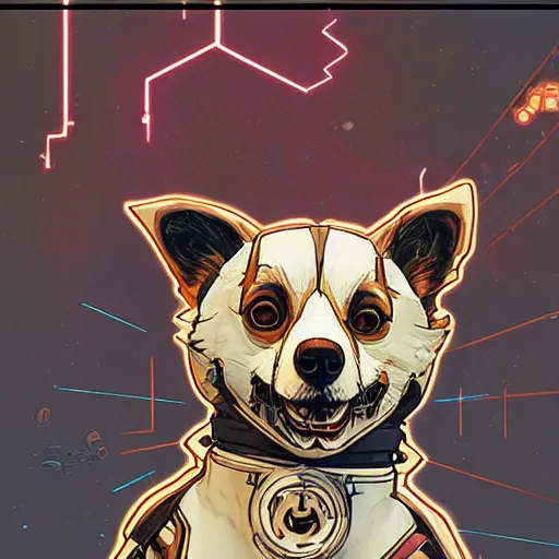 Image similar to half robot half corgi with one laser eye that looks like it's from Borderlands and by Feng Zhu and Loish and Laurie Greasley, Victo Ngai, Andreas Rocha, John Harris