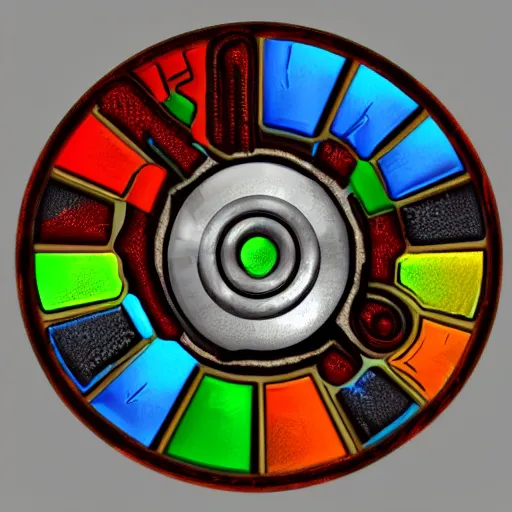 Image similar to a stylised old colorful metal key, key is on the center, rpg game inventory item, rim light, outer glow, on the white background, trending on artstation