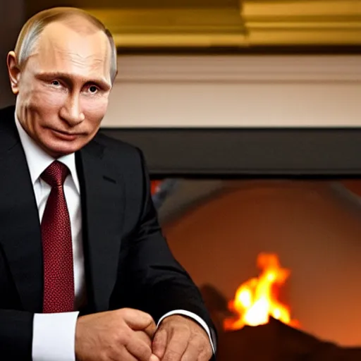 Image similar to portrait vladimir putin looking into a log fire smirking reflections lighting clasical