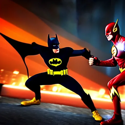 Image similar to ultra detailed fight between batman and the flash, unreal engine, extremely detailed, epic, dark, highly realistic, spiritual masterpiece, beautiful