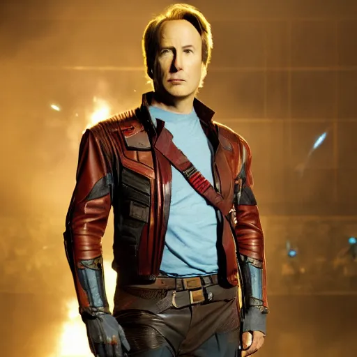 Image similar to Bob Odenkirk as Star Lord from Guardians of the Galaxy, photorealistic, cinematic lighting,