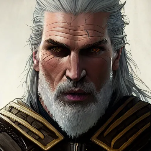 Image similar to closeup of Geralt of Rivia, D&D, fantasy, intricate, elegant, highly detailed, digital painting, artstation, concept art, matte, sharp focus, illustration, hearthstone, art by Artgerm and Greg Rutkowski and Alphonse Mucha