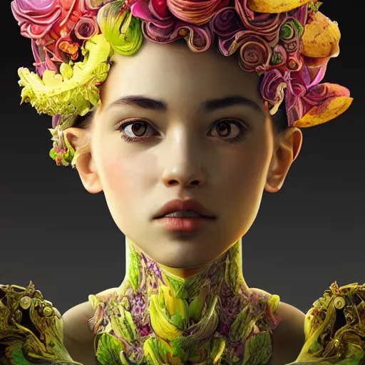 Image similar to the portrait of an absurdly beautiful, graceful, elegant young woman made of bananas and petals looking up, an ultrafine detailed illustration by kim jung gi, irakli nadar, intricate linework, bright colors, octopath traveler, final fantasy, angular, unreal engine 5 highly rendered, global illumination, radiant light, detailed and intricate environment