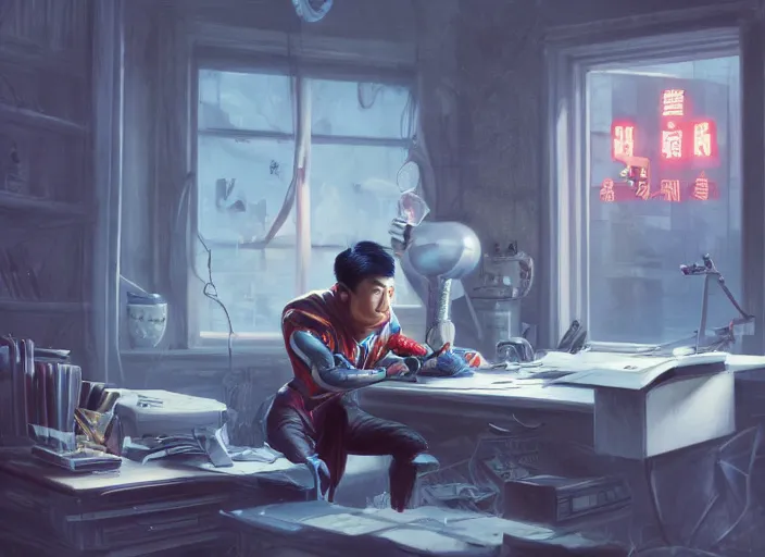 Image similar to an insanely detailed painting of an asian man wearing a homemade superhero costume, sitting at a desk, staring seriously at the computer and typing, in the style of peter mohrbacher, james jean, artgerm, dramatic lighting and composition, surreal background, octane render, pixar, trending on artstation, concept art, comic book, view from behind, 8 k