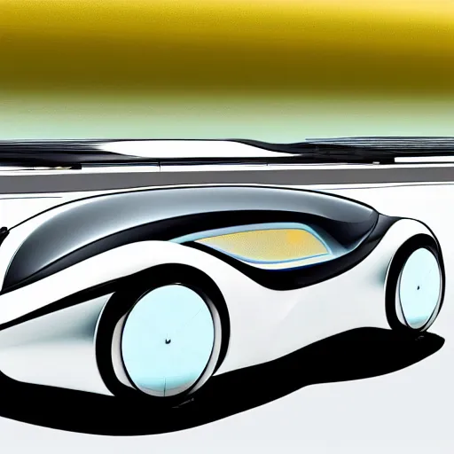 Prompt: sleek autonomous vehicle, designed by Zaha Hadid, parked by an oasis, line art illustration, muted colours