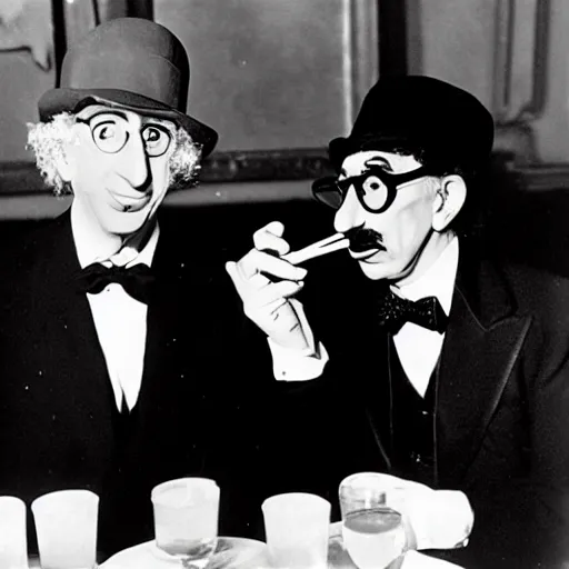 Image similar to harpo marx dines with groucho marx at a fancy restaurant