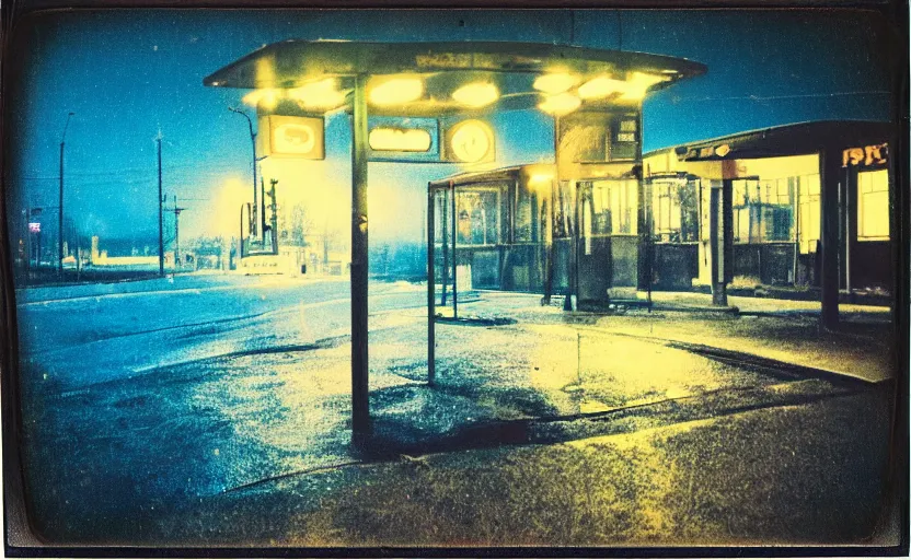 Prompt: analog polaroid of an abandoned bus stop, at night, dark blue sky, in rain, yellow neon sign