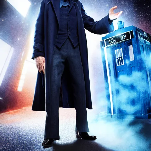 Image similar to willem dafoe as a man in a dark blue trenchcoat and tophat as the new doctor who, cinematic, volumetric lighting, f 8 aperture, cinematic eastman 5 3 8 4 film, photorealistic