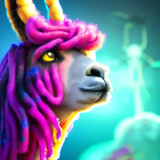 Prompt: llama with dreadlocks, vibrant colors, cybernetic, by jarold Sng, by artgerm, by Eddie Mendoza, by Peter mohrbacher, by tooth wu, unreal engine, octane render, cinematic light, high details, iridescent colors, dichroic, macro