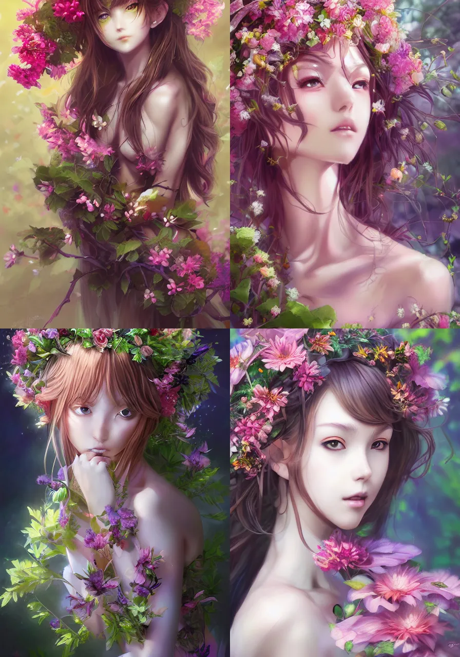 Prompt: A realistic anime portrait of a beautiful dryad wearing clothes made of flowers, digital painting, by Stanley Artgerm Lau, Sakimichan, WLOP and Rossdraws, digtial painting, trending on ArtStation, deviantart