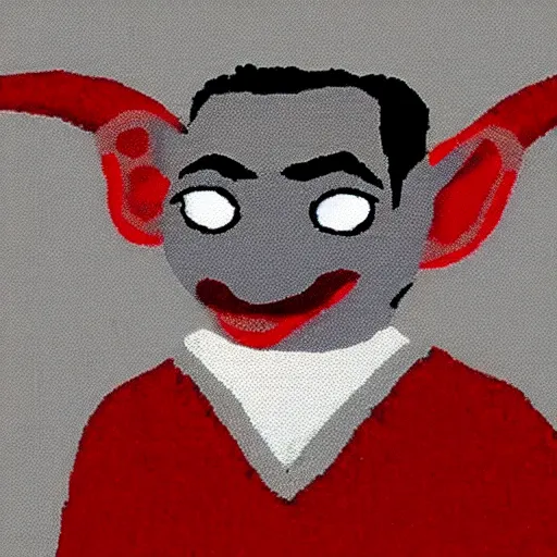 Image similar to red on white background ms paint doodle of group portrait of mr bean grey goblin looking funny looking smug - w 7 6 8