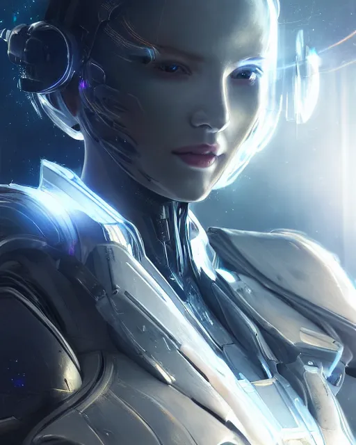 Prompt: photo of a android girl on a mothership, warframe armor, beautiful face, scifi, nebula, futuristic background, galaxy, raytracing, dreamy, reflections, atmosphere, sparks of light, pure, white hair, blue cyborg eyes, glow, insanely detailed, intricate, innocent, art by akihiko yoshida, antilous chao, voidstar