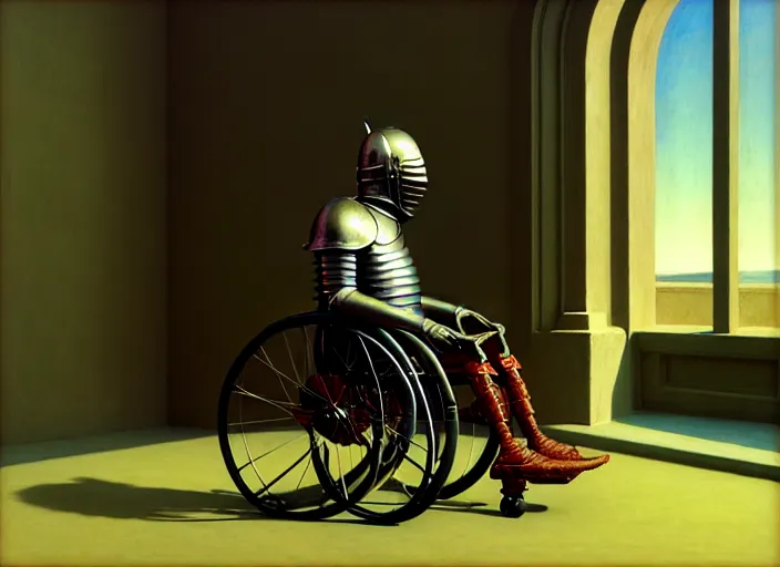 Image similar to knight in armor in a wheelchair do tricks, minsk, highly detailed, soft lighting, elegant, works by edward hopper and james gillard, zdislaw beksinski, stephen outram, andreas m wiese, highly detailed, masterpiece. rendered in blender, smooth shadows, ultra detail, high resolution, unreal 6, 8 k