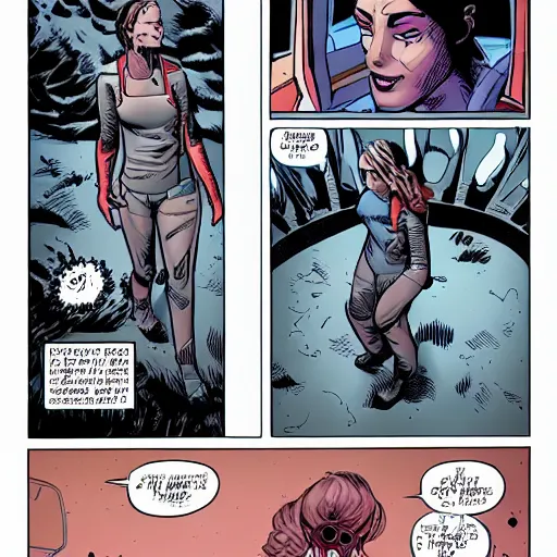 Prompt: woman in sci - fi suit tries to survive an undead outbreak in a dark spaceship, very detailed comic book