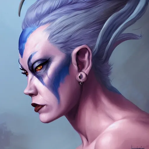 Image similar to shirley ann manson as a blue skinned tiefling, d & d, fantasy, portrait, highly detailed, headshot, digital painting, trending on artstation, concept art, sharp focus, illustration, art by artgerm and greg rutkowski and magali villeneuve