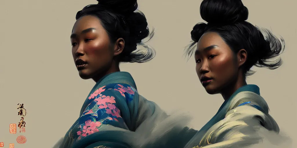 Image similar to sevhat, extremely detailed digital painting of a black woman wearing a kimono, in the style of fenghua zhong and ruan jia and jeremy lipking and peter mohrbacher, mystical colors, rim light, beautiful lighting, 8 k, stunning scene, raytracing, octane, trending on artstation