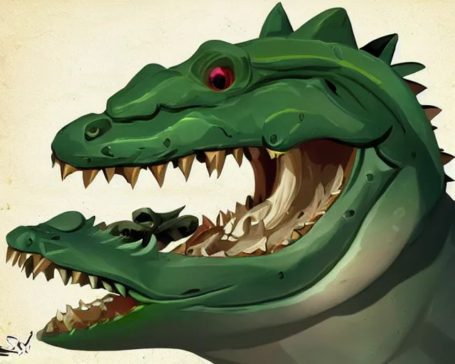 Image similar to sea of thieves animal concept art for a pale yellow - ish green alligator with snarling teeth, cgsociety, trending on artstation, rare ltd,