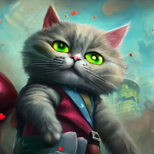 Image similar to close up of teemo from league of legends as a grey american shorthair cat, digital painting, particles floating background by marc simonetti, artwork by ross tran + ramond swanland + liam wong