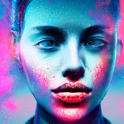 Prompt: improbability, octane render, portrait made of paint, splashes of colors