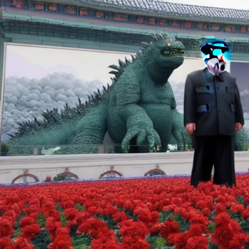 Prompt: kim jong - un as a giant robot fighting godzilla award winning photo