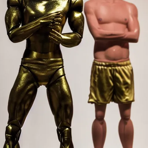 Prompt: a realistic detailed photo of a guy who is an attractive humanoid who is half robot and half humanoid, who is a male android, soccer players martin ødegaard & timo werner, shiny skin, posing like a statue, blank stare, in a lab, on display, showing off his muscles, gold soccer shorts, no jersey, statue, many copies of them