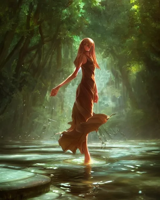 Image similar to a female water spirit in a river, trees, shady atmospheric, magical, made of water, ripples, Narnia. By Makoto Shinkai, Stanley Artgerm Lau, WLOP, Rossdraws, James Jean, Andrei Riabovitchev, Marc Simonetti, krenz cushart, Sakimichan, trending on ArtStation, digital art.