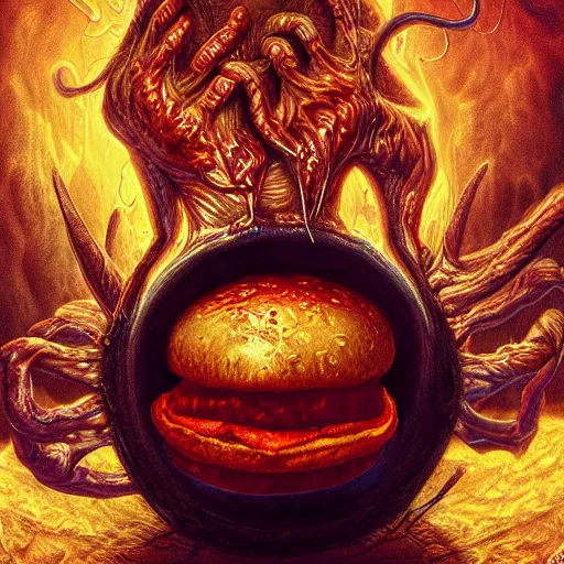 Prompt: photorealistic demonic cheeseburger in the style of michael whelan and gustave dore. hyperdetailed photorealism, 1 0 8 megapixels, amazing depth, glowing rich colors, powerful imagery, psychedelic overtones, 3 d finalrender, 3 d shading, cinematic lighting, artstation concept art