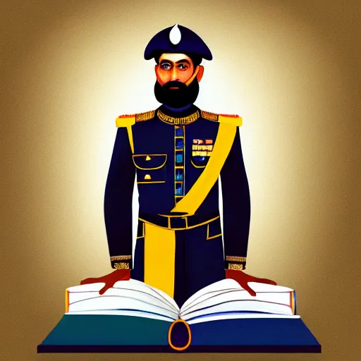 Prompt: a painting of an indian cop in khakhi uniform, an indian man in formal wear and a rugged indian bearded man standing on top of a book, detailed digital art, hyperrealistic, trending on artstation