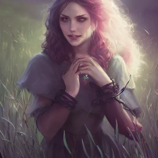 Image similar to yennefer of vengerberg in a field, detailed face, cute, playful, pearlescent, fantasy, featured on artstation, in the style of daniel gerhartz and krenz cushart, Alexis Franklin, Thomas River, WLOP, Artgerm by Charlie Bowater