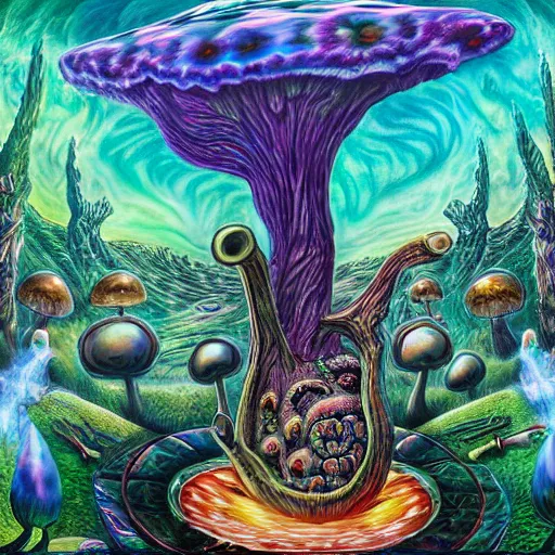 Image similar to dark fantasy, 4 k, textured 3 d, intense detail, psychedelic, alice in wonderland, smoking caterpillar sitting on large mushroom, amazing background, alex grey style