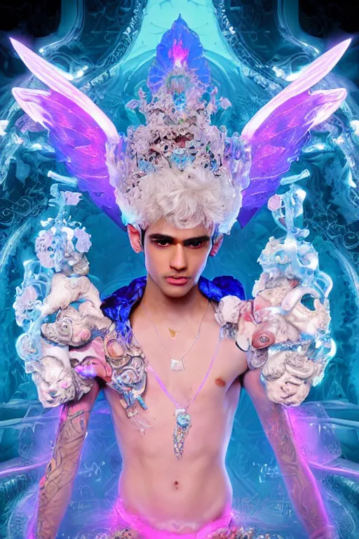 Image similar to full-body rococo and cyberpunk delicate neon crystalline sculpture of ((young muscular onyx albino prince Zayn Malik)) as an blue iridescent humanoid deity wearing ((peach plastic hooded cloak)) (holding a human skull) in a onyx castle dungeon, reclining, glowing pink face, crown of (pink lasers), large blue diamonds, swirling black silk fabric. futuristic elements. oozing glowing liquid, full-length view. space robots. intricate artwork by caravaggio. Trending on artstation, octane render, cinematic lighting from the right, hyper realism, octane render, 8k, depth of field, 3D