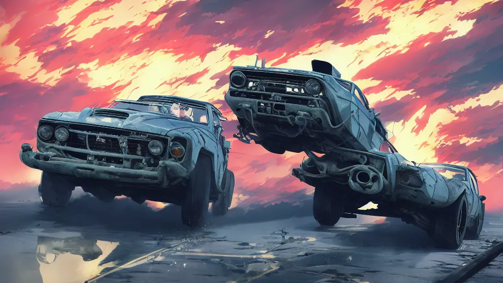 Image similar to anime illustration of mad max's fj 4 0 pursuit special, the last v 8 interceptor driving down to the gates of valhalla highway, riding fury road eternal shiny and chrome, world of fire and blood, by makoto shinkai, ilya kuvshinov, lois van baarle, rossdraws, basquiat, global illumination ray tracing hdr