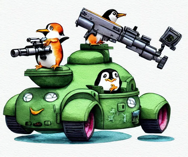 Image similar to cute and funny, penguin riding in a tiny tank with large gun, ratfink style by ed roth, centered award winning watercolor pen illustration, isometric illustration by chihiro iwasaki, edited by range murata, tiny details by artgerm and watercolor girl, symmetrically isometrically centered, sharply focused