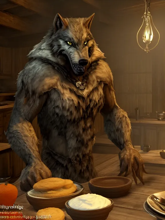 Prompt: cute handsome cuddly burly surly relaxed calm timid werewolf from van helsing sitting down at the breakfast table in the kitchen of a normal suburban home having fun baking cupcakes with orange frosting unreal engine hyperreallistic render 8k character concept art masterpiece screenshot from the video game the Elder Scrolls V: Skyrim