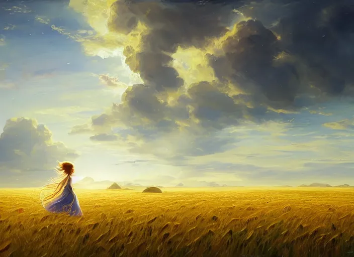 Image similar to a lone princess walks through a vast wheat field in the cosmic sky by vladimir volegov and alexander averin and peder mørk mønsted and guweiz and raphael lacoste