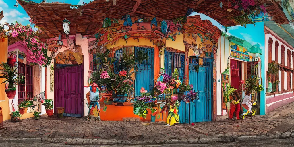 Prompt: An epic fantastic realism comic book style painting of the COLOMBIAN colonial town environment with beautiful houses, traditional dance in the street, exquisite bouquets from an colorfull culture, fisheye, unreal 5, DAZ, hyperrealistic, octane render, dynamic lighting