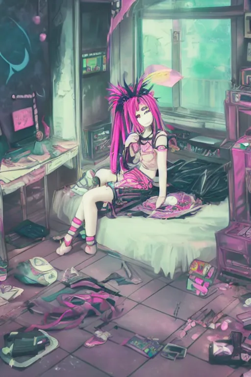 Image similar to goth chibi anime girl with pink dreads sitting on the floor of a cluttered 9 0 s bedroom, vaporwave colors, lo - fi, concept art, smooth, detailed, 4 k, hd,